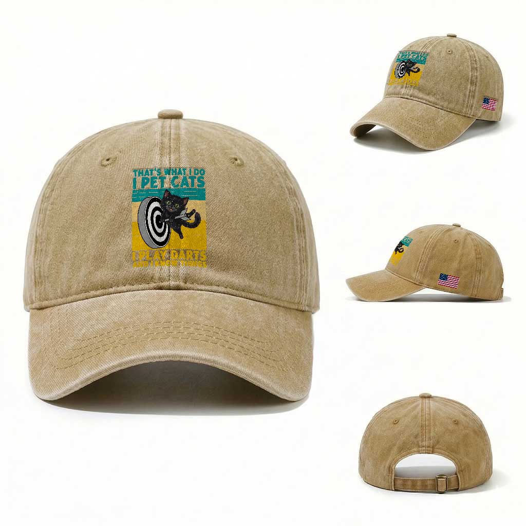 Funny Retro Sunset Cat Darts Washed Cotton Baseball Cap I Pet Cats I Play Darts And I Know Things