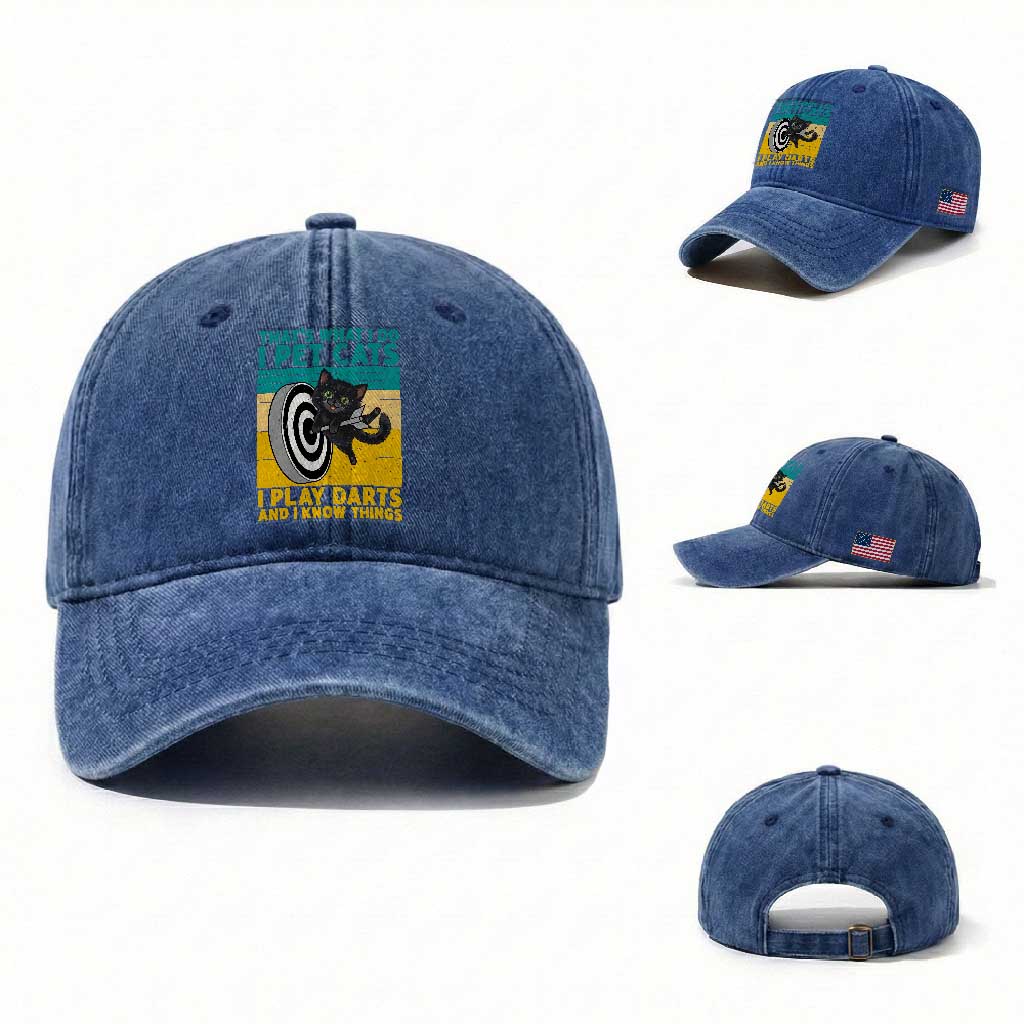 Funny Retro Sunset Cat Darts Washed Cotton Baseball Cap I Pet Cats I Play Darts And I Know Things