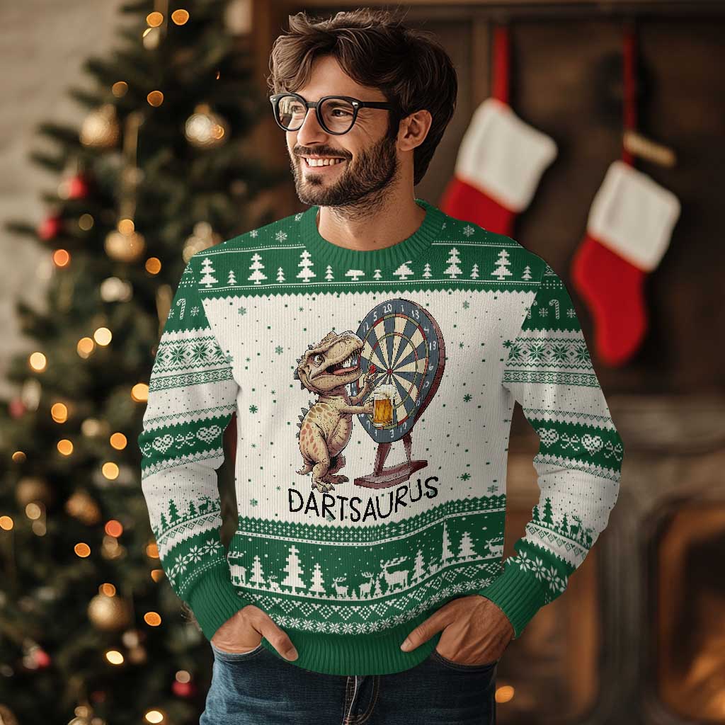 Dartsaurus Ugly Christmas Sweater Funny Dinosaur Dart Player Gift - Wonder Print Shop