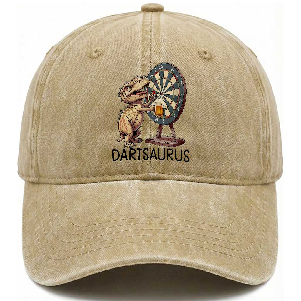 Dartsaurus Washed Cotton Baseball Cap Funny Dinosaur Dart Player Gift