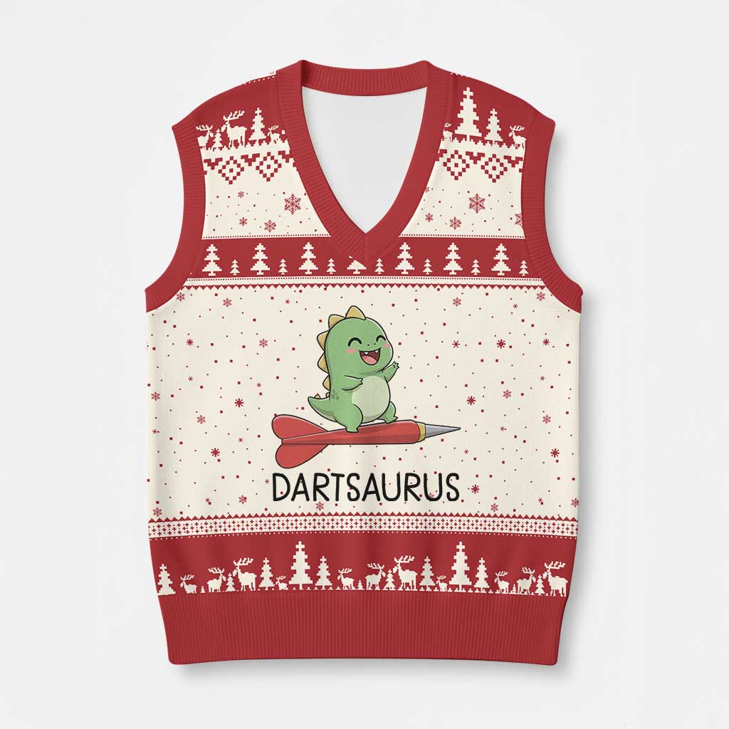 Cute Dartsaurus Playing Dart V-Neck Knit Sweater Vest Dinosaur Lover Gift - Wonder Print Shop