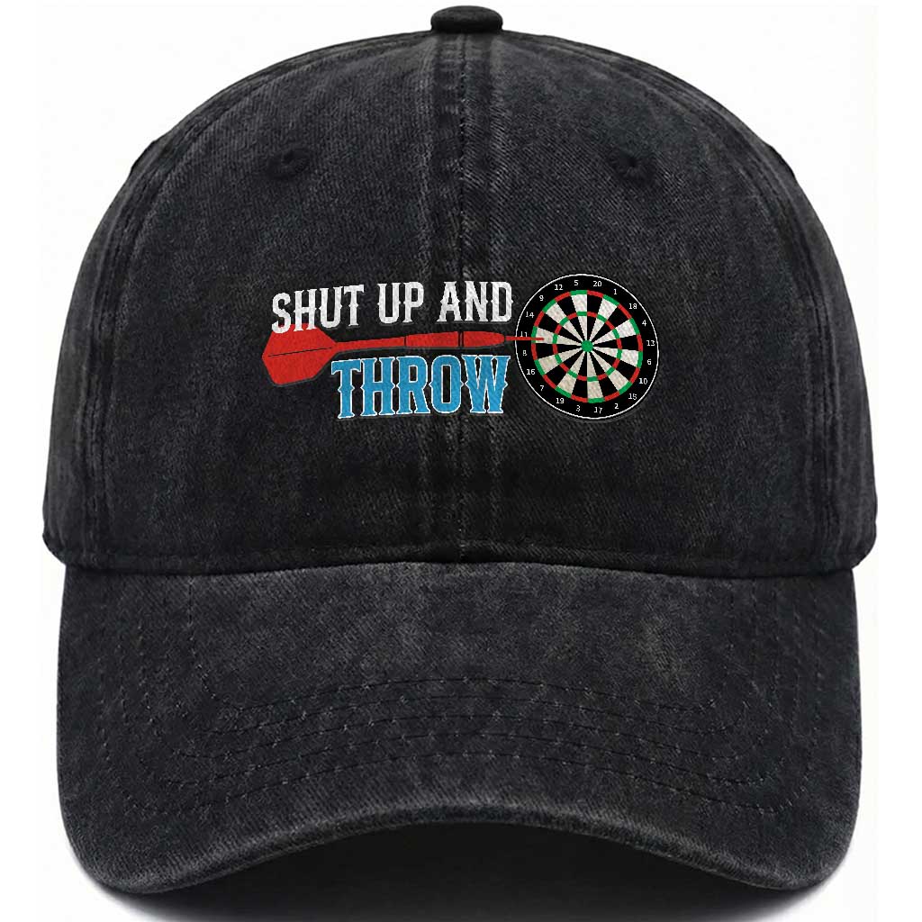 Shut Up And Throw Washed Cotton Baseball Cap Funny Darts Player Gift