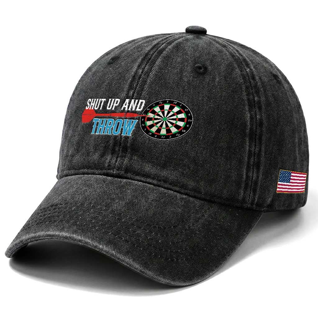 Shut Up And Throw Washed Cotton Baseball Cap Funny Darts Player Gift