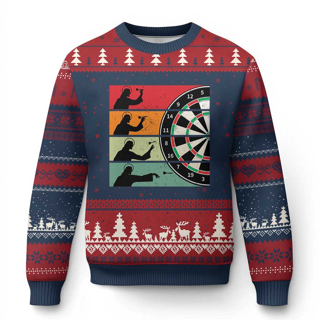 Vintage Darts Player Christian Faith Gift Ugly Christmas Sweater Jesus Bullseye Shooter - Wonder Print Shop