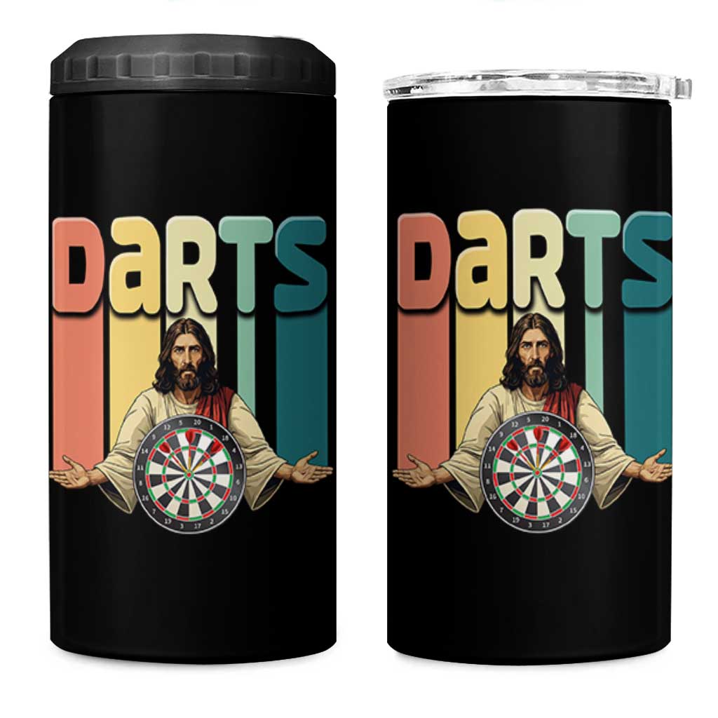 Funny Jesus Dart Player Sunset Retro Vintage 4 in 1 Can Cooler Tumbler Christian Dartist Gift - Wonder Print Shop