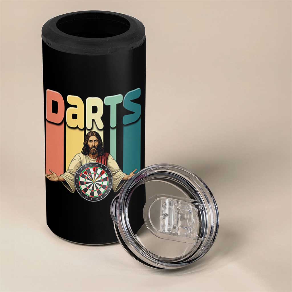 Funny Jesus Dart Player Sunset Retro Vintage 4 in 1 Can Cooler Tumbler Christian Dartist Gift - Wonder Print Shop