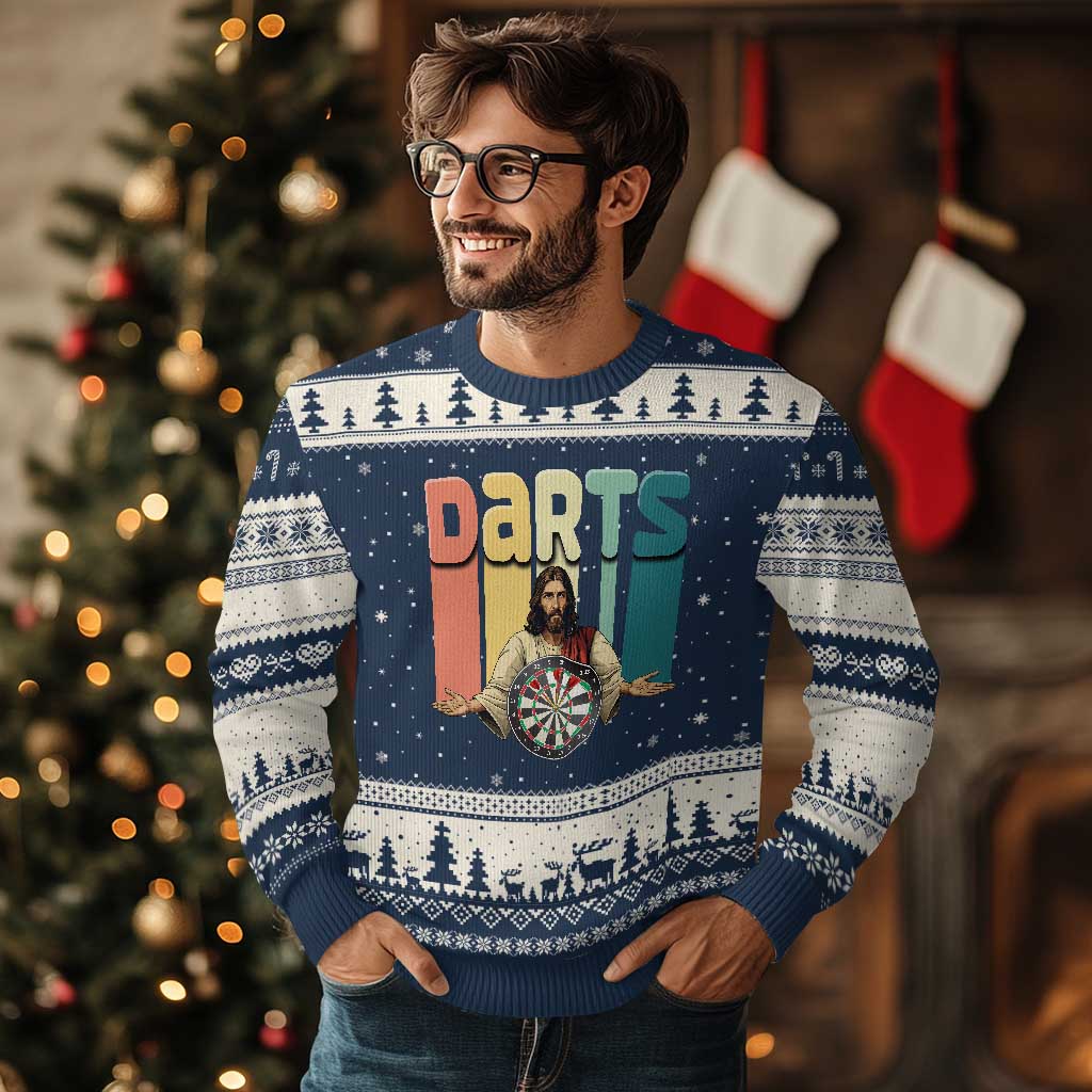 Funny Jesus Dart Player Sunset Retro Vintage Ugly Christmas Sweater Christian Dartist Gift - Wonder Print Shop