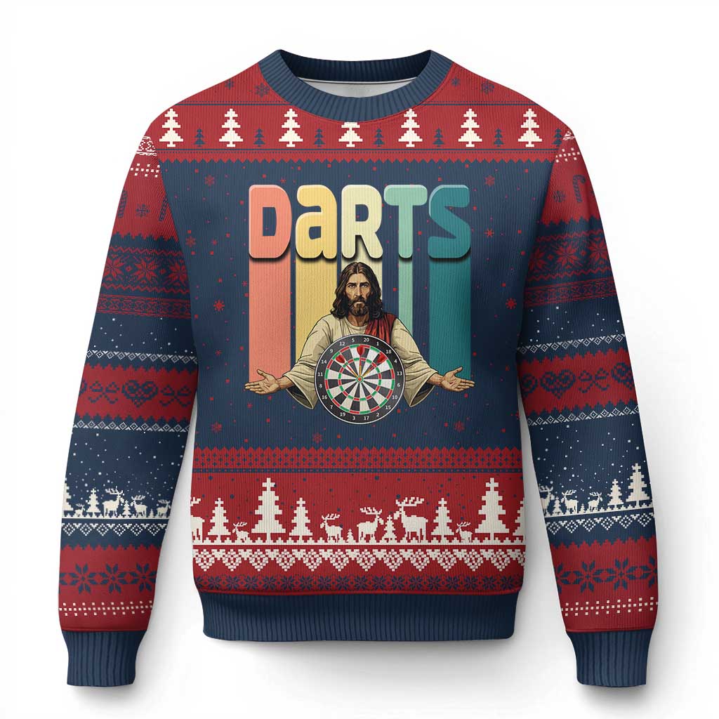Funny Jesus Dart Player Sunset Retro Vintage Ugly Christmas Sweater Christian Dartist Gift - Wonder Print Shop