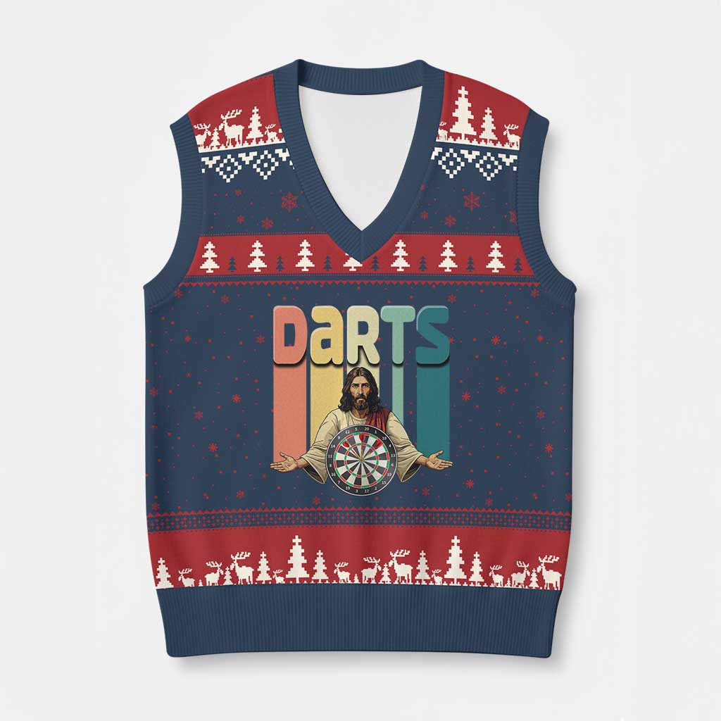 Funny Jesus Dart Player Sunset Retro Vintage V-Neck Knit Sweater Vest Christian Dartist Gift - Wonder Print Shop