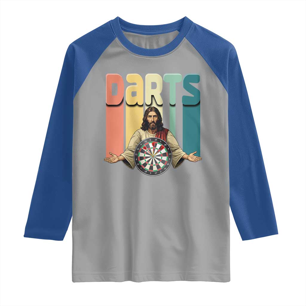 Funny Jesus Dart Player Sunset Retro Vintage Raglan Shirt Christian Dartist Gift - Wonder Print Shop