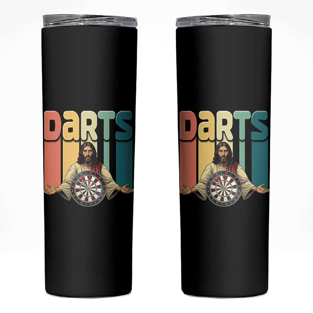 Funny Jesus Dart Player Sunset Retro Vintage Skinny Tumbler Christian Dartist Gift - Wonder Print Shop
