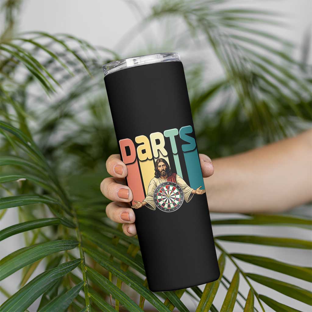 Funny Jesus Dart Player Sunset Retro Vintage Skinny Tumbler Christian Dartist Gift - Wonder Print Shop