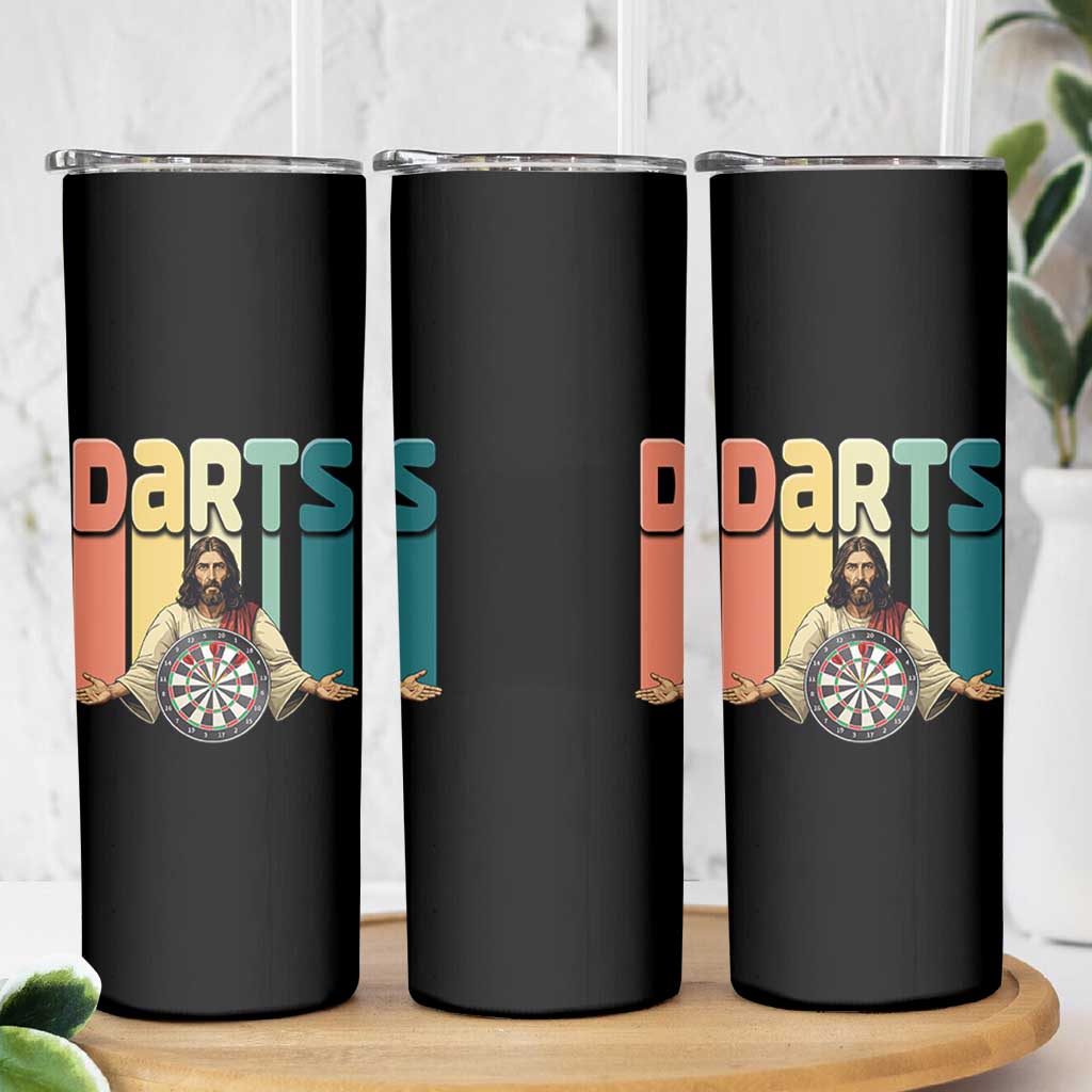 Funny Jesus Dart Player Sunset Retro Vintage Skinny Tumbler Christian Dartist Gift - Wonder Print Shop