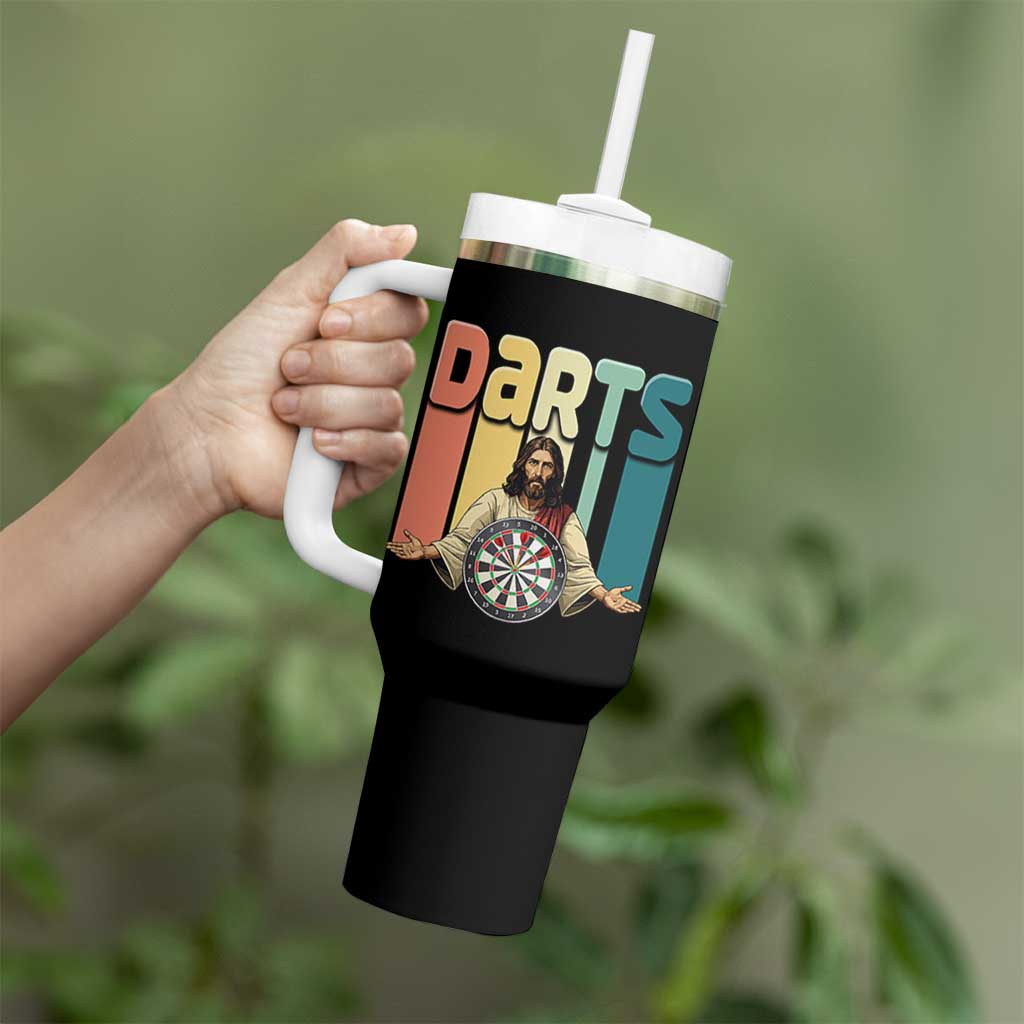 Funny Jesus Dart Player Sunset Retro Vintage Tumbler With Handle Christian Dartist Gift - Wonder Print Shop