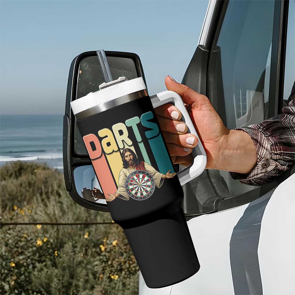 Funny Jesus Dart Player Sunset Retro Vintage Tumbler With Handle Christian Dartist Gift - Wonder Print Shop