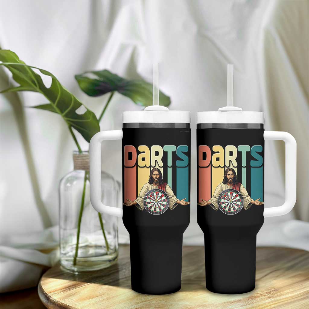 Funny Jesus Dart Player Sunset Retro Vintage Tumbler With Handle Christian Dartist Gift - Wonder Print Shop