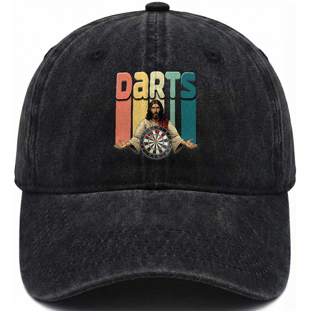Funny Jesus Dart Player Sunset Retro Vintage Washed Cotton Baseball Cap Christian Dartist Gift