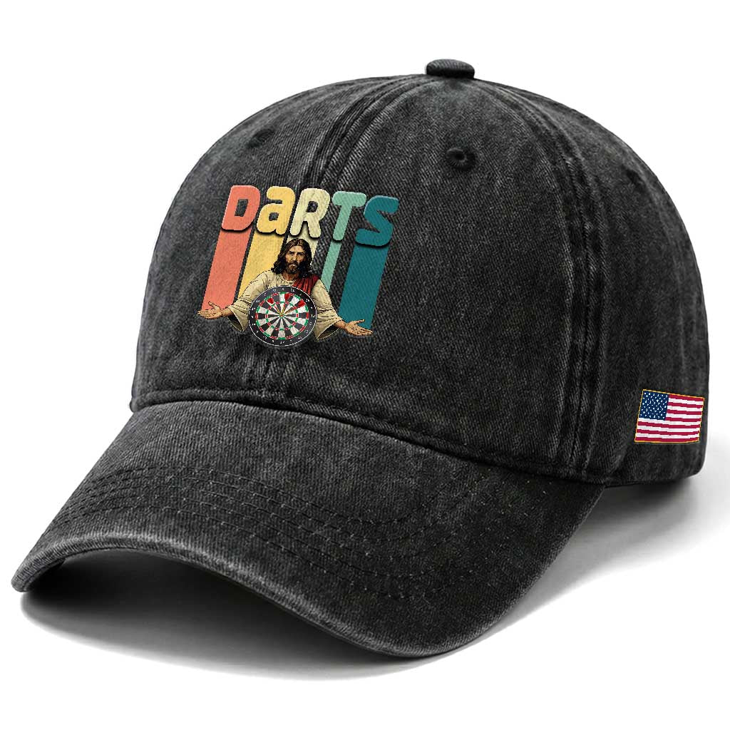 Funny Jesus Dart Player Sunset Retro Vintage Washed Cotton Baseball Cap Christian Dartist Gift