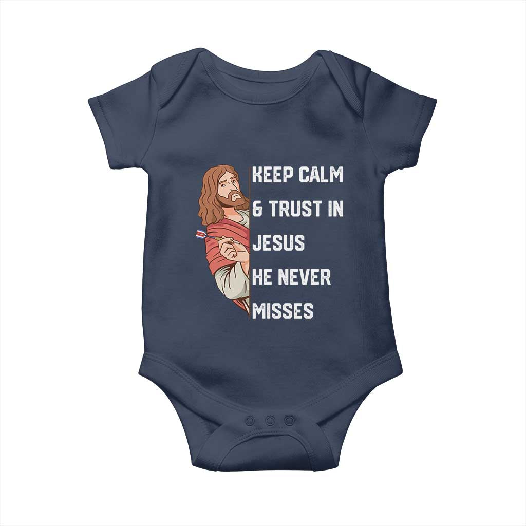 Funny Christian Faith Darts Player Gift Baby Onesie Keep Calm And Trust In Jesus He Never Misses - Wonder Print Shop