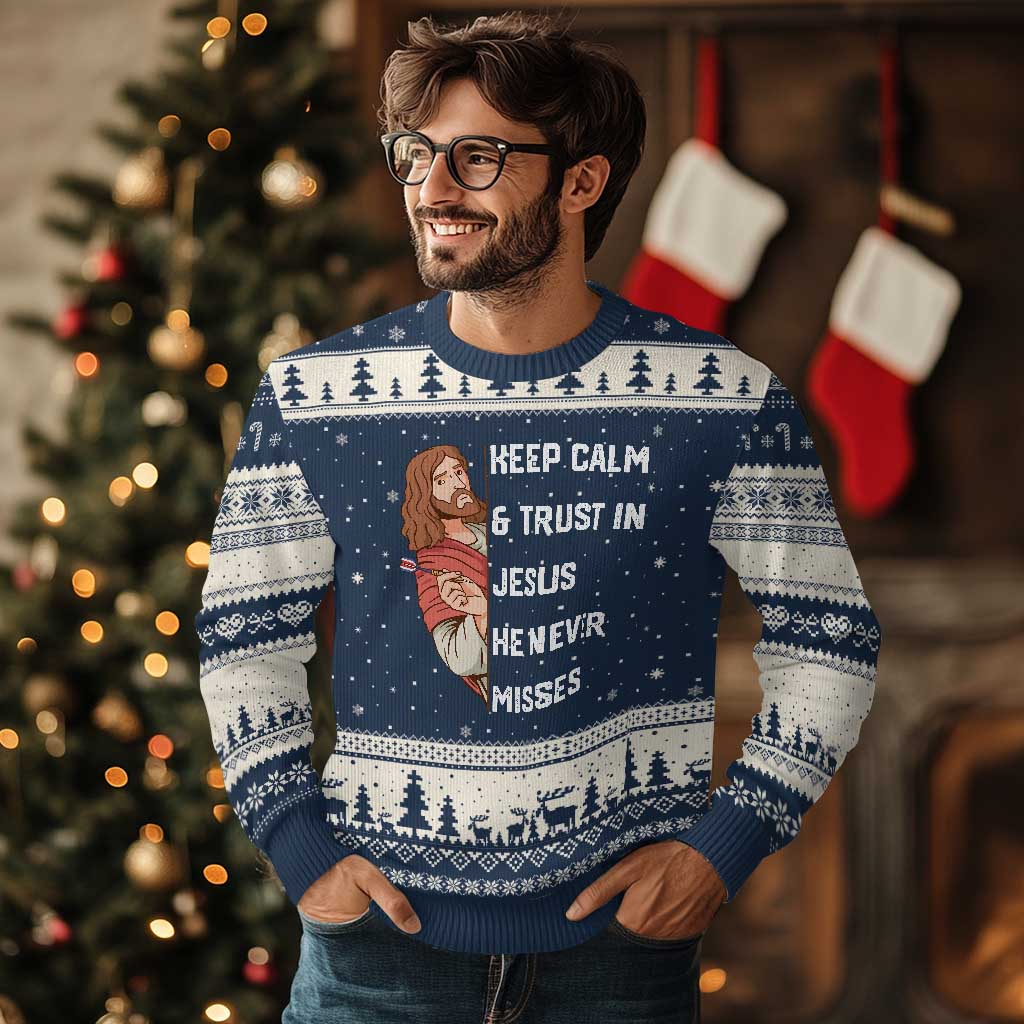Funny Christian Faith Darts Player Gift Ugly Christmas Sweater Keep Calm And Trust In Jesus He Never Misses - Wonder Print Shop