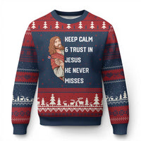 Funny Christian Faith Darts Player Gift Ugly Christmas Sweater Keep Calm And Trust In Jesus He Never Misses - Wonder Print Shop
