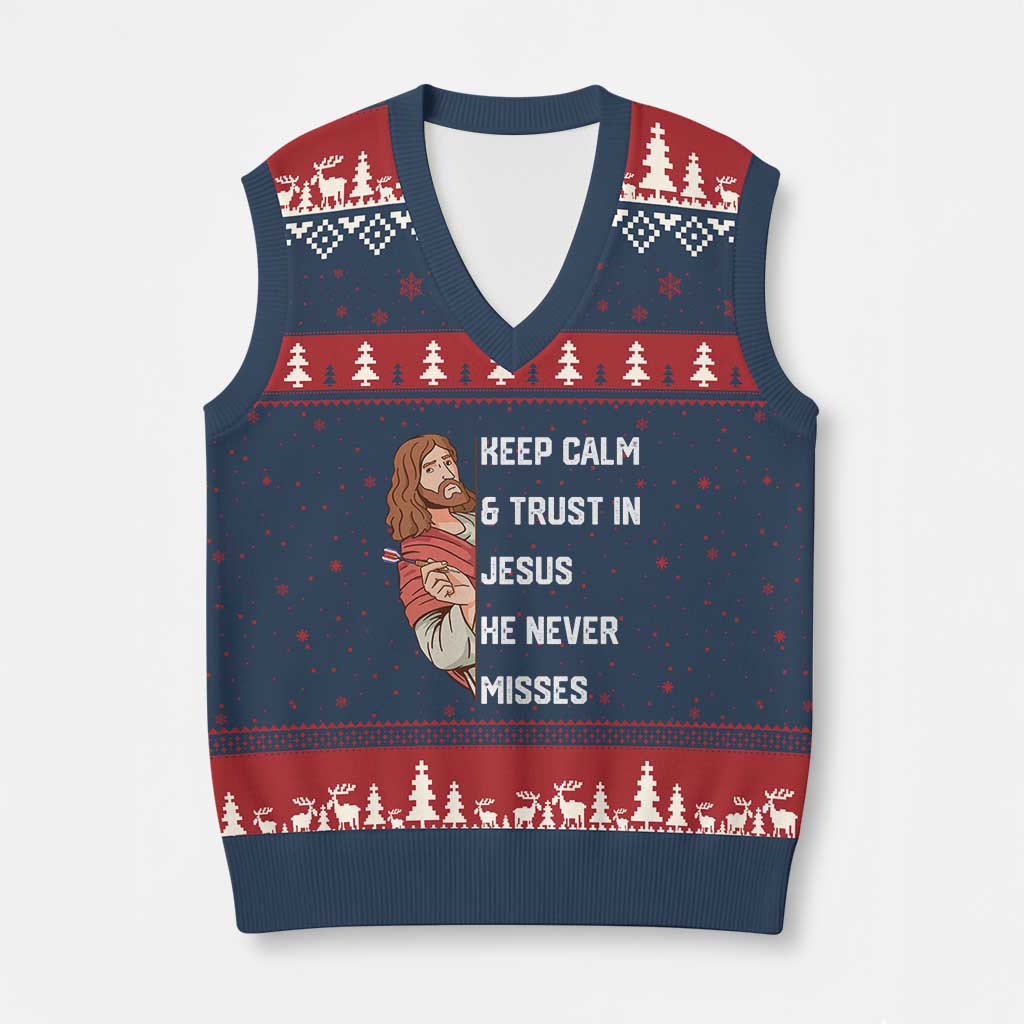 Funny Christian Faith Darts Player Gift V-Neck Knit Sweater Vest Keep Calm And Trust In Jesus He Never Misses - Wonder Print Shop