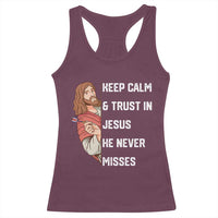 Funny Christian Faith Darts Player Gift Racerback Tank Top Keep Calm And Trust In Jesus He Never Misses - Wonder Print Shop