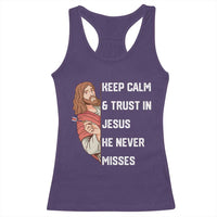 Funny Christian Faith Darts Player Gift Racerback Tank Top Keep Calm And Trust In Jesus He Never Misses - Wonder Print Shop
