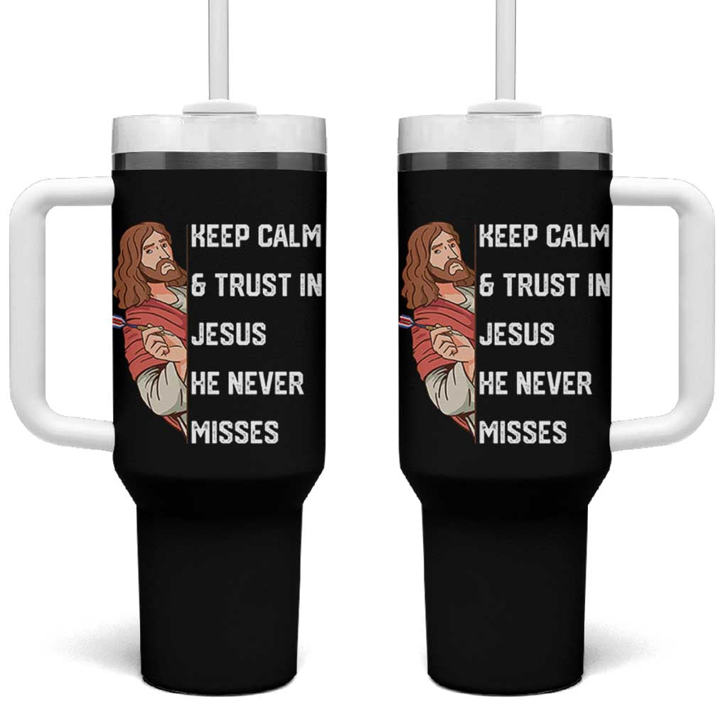 Funny Christian Faith Darts Player Gift Tumbler With Handle Keep Calm And Trust In Jesus He Never Misses - Wonder Print Shop