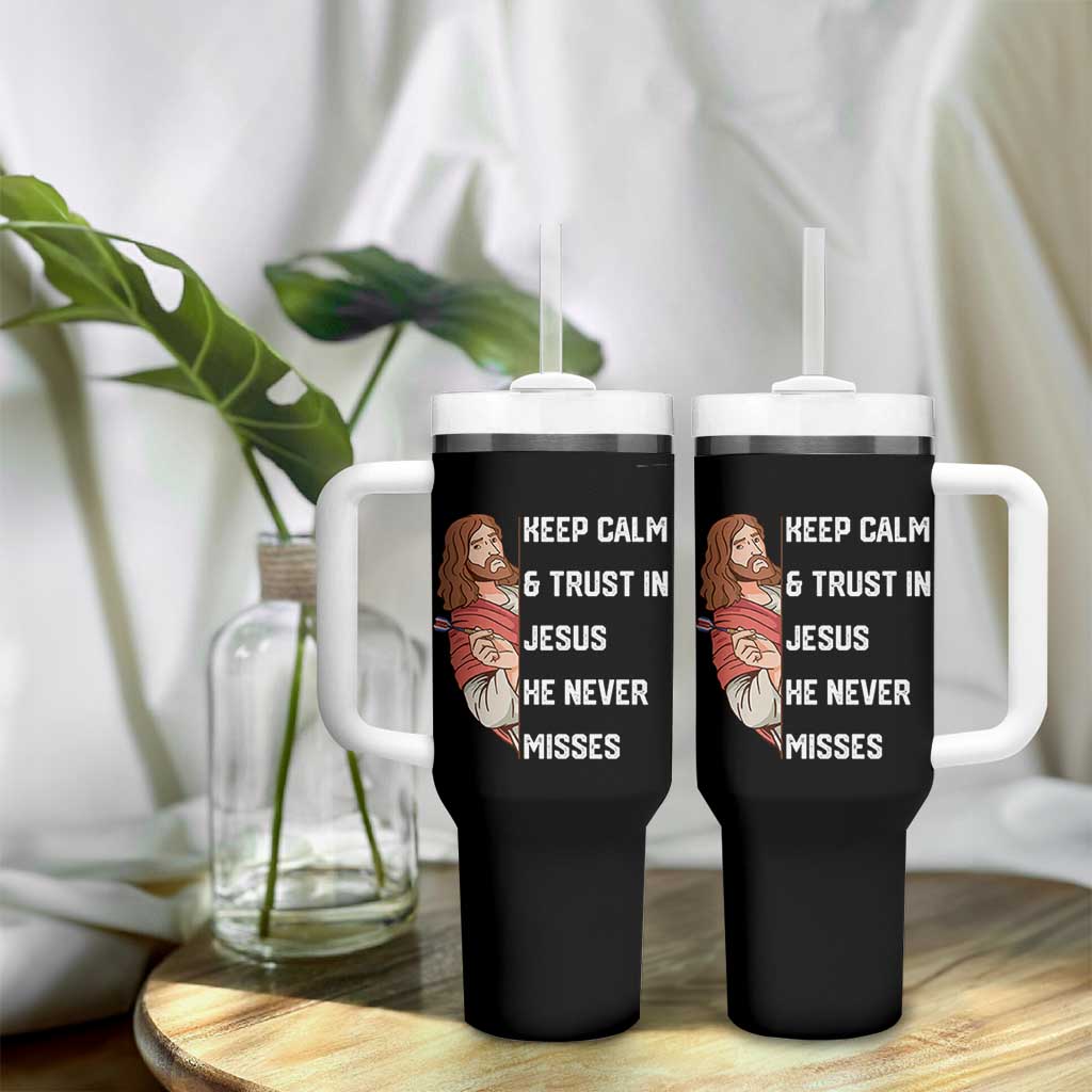Funny Christian Faith Darts Player Gift Tumbler With Handle Keep Calm And Trust In Jesus He Never Misses - Wonder Print Shop
