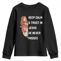 Funny Christian Faith Darts Player Gift Youth Sweatshirt Keep Calm And Trust In Jesus He Never Misses - Wonder Print Shop