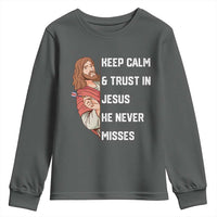 Funny Christian Faith Darts Player Gift Youth Sweatshirt Keep Calm And Trust In Jesus He Never Misses - Wonder Print Shop