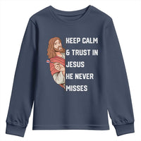 Funny Christian Faith Darts Player Gift Youth Sweatshirt Keep Calm And Trust In Jesus He Never Misses - Wonder Print Shop