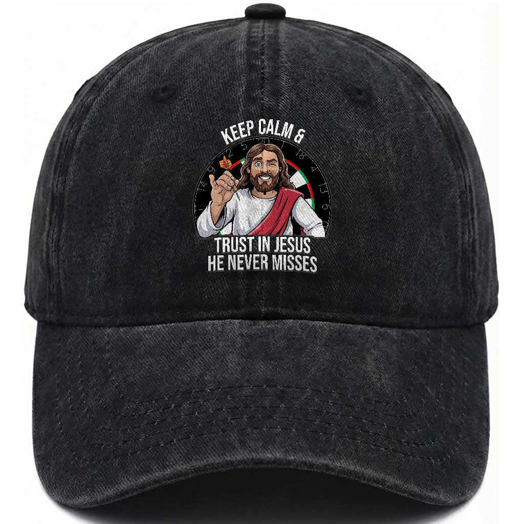 Keep Calm And Trust In Jesus Washed Cotton Baseball Cap Christian Dartist Gift