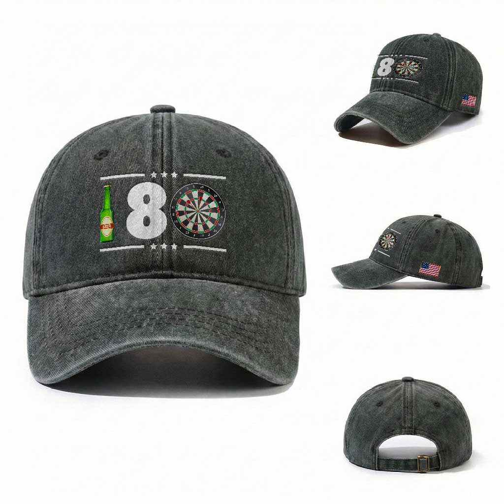Darts Master 180 And Beer Washed Cotton Baseball Cap Funny Bullseye Shooter Gift