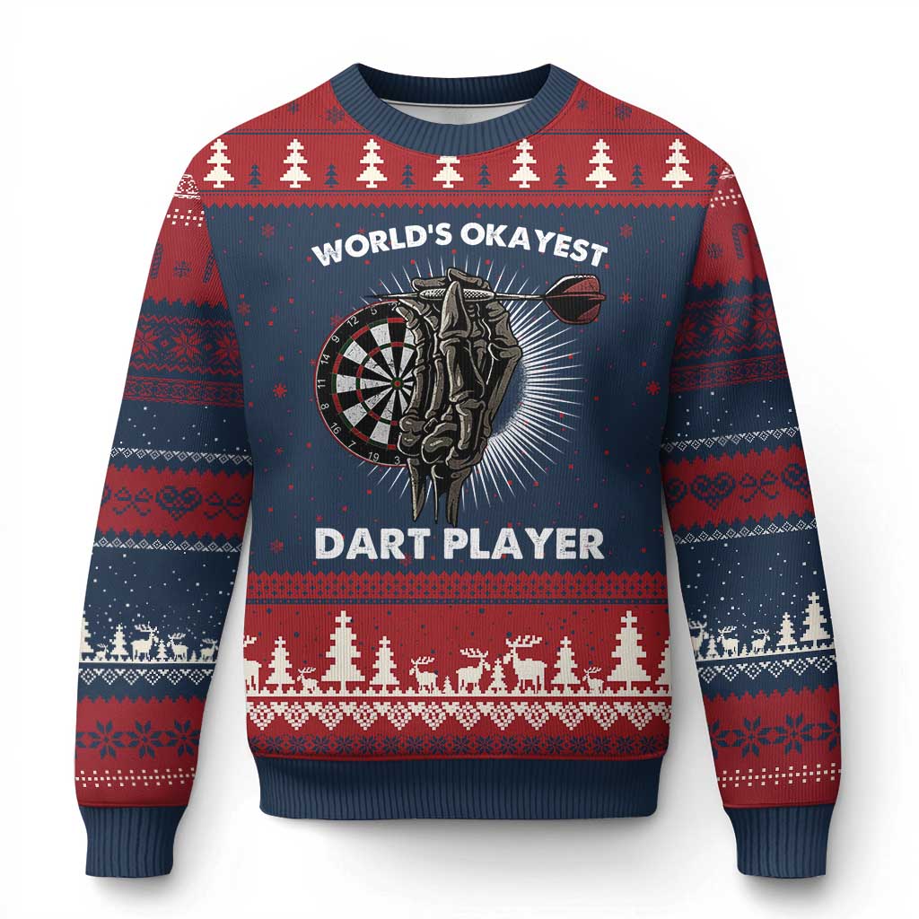 World's Okayest Dart Player Ugly Christmas Sweater Funny Bullseye Shooter Gift - Wonder Print Shop