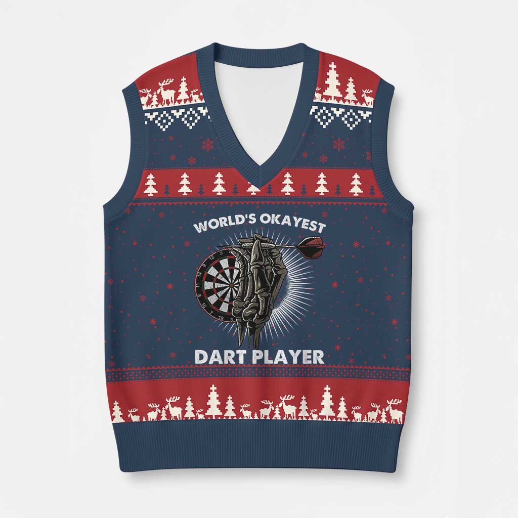 World's Okayest Dart Player V-Neck Knit Sweater Vest Funny Bullseye Shooter Gift - Wonder Print Shop