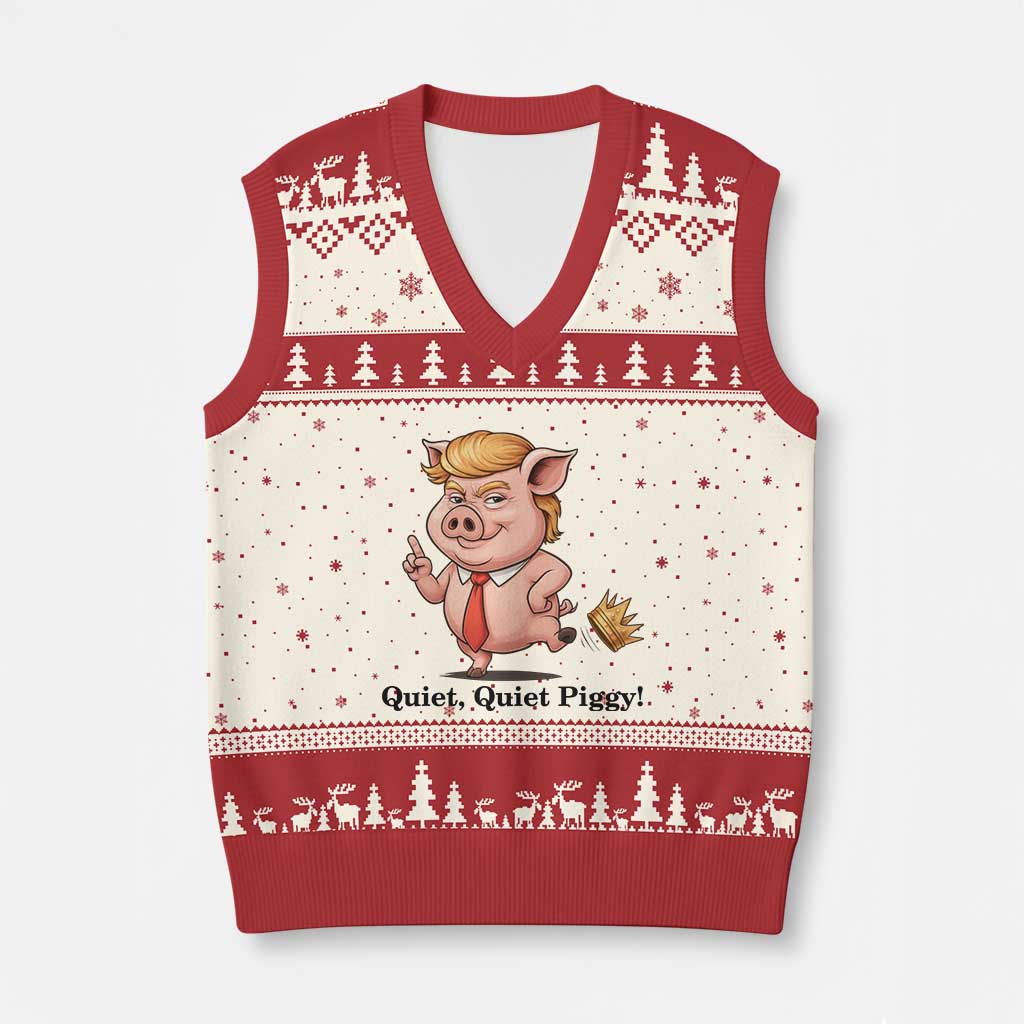 Quiet Quiet Piggy V-Neck Knit Sweater Vest Funny No Kings Pig Political - Wonder Print Shop