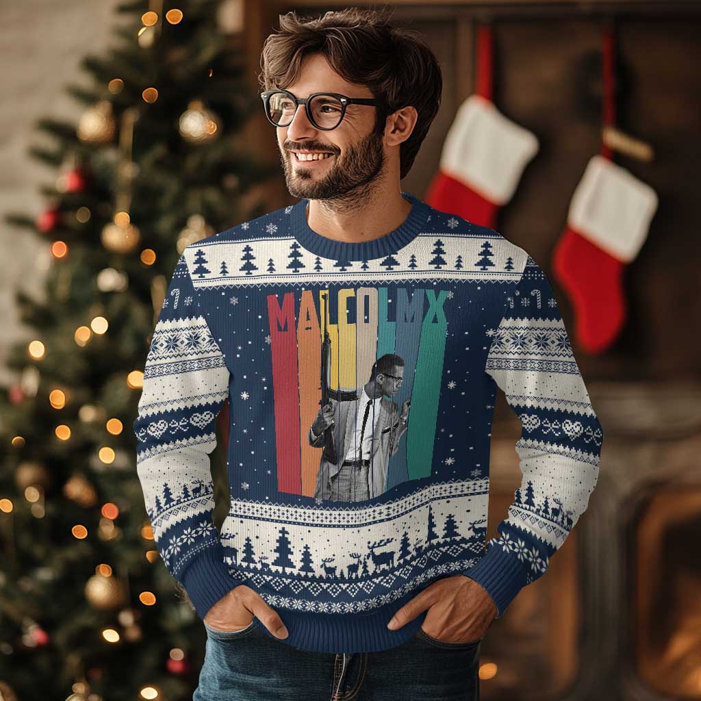 Malcolm X Ugly Christmas Sweater Retro Portrait Black Empowerment Heritage Gift - Wonder Print Shop