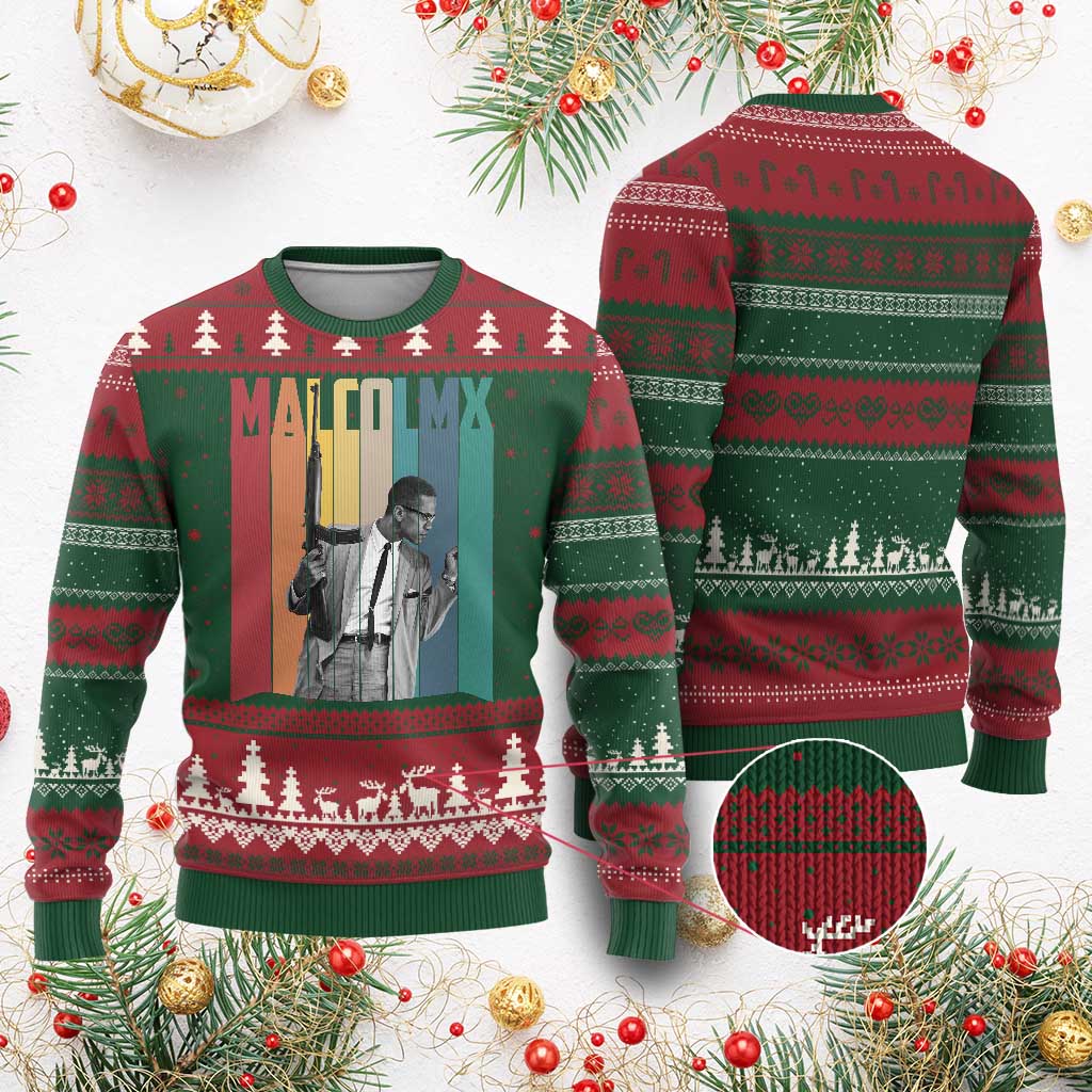 Malcolm X Ugly Christmas Sweater Retro Portrait Black Empowerment Heritage Gift - Wonder Print Shop