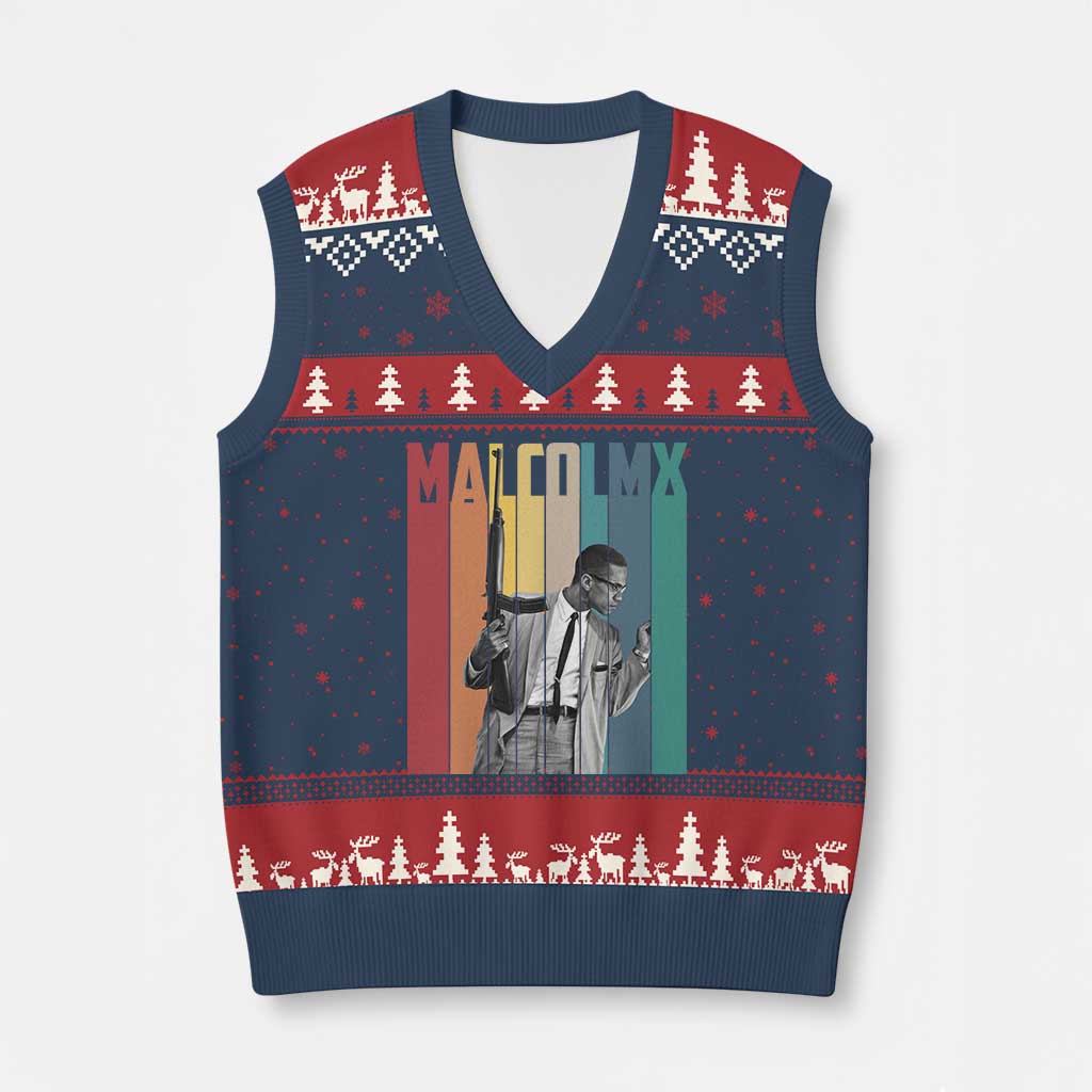 Malcolm X V-Neck Knit Sweater Vest Retro Portrait Black Empowerment Heritage Gift - Wonder Print Shop