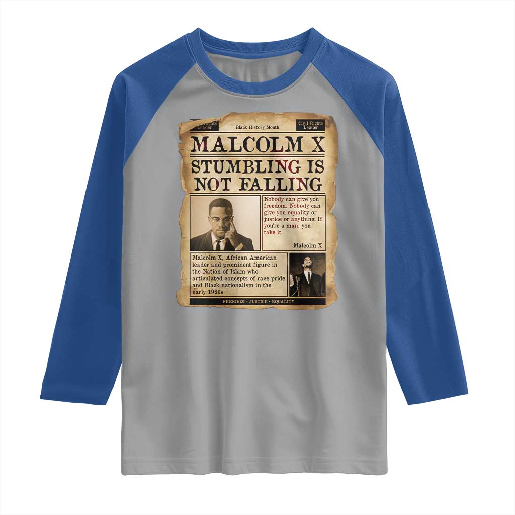 Malcolm X Raglan Shirt Stumbling Is Not Falling Civil Rights Leader TS12