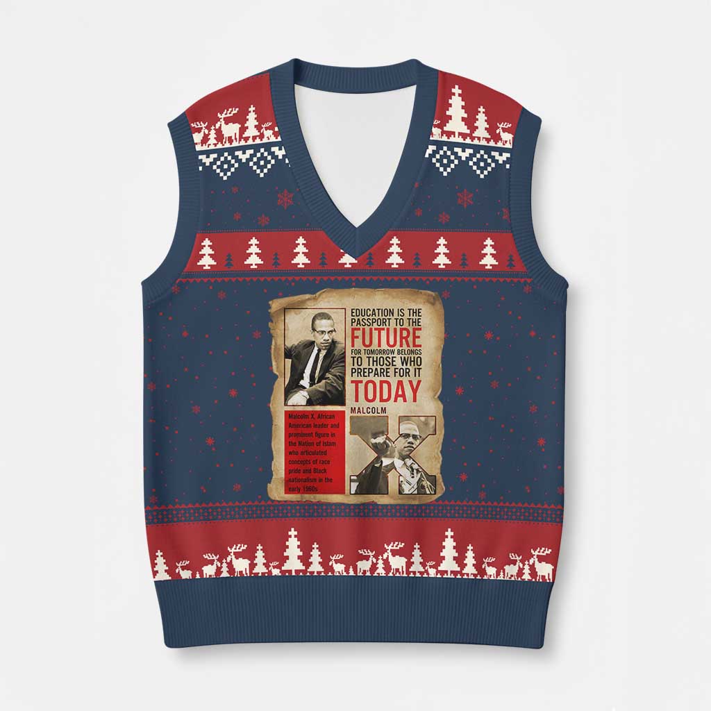 Education Is The Passport To The Future Malcolm X Wisdom V-Neck Knit Sweater Vest - Wonder Print Shop