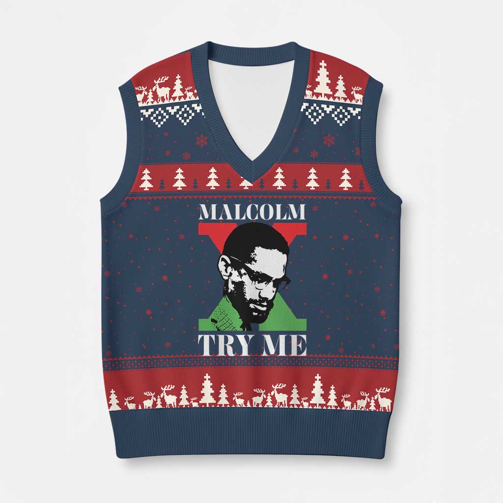 Malcolm X Try Me V-Neck Knit Sweater Vest American Civil Rights Leader Quote - Wonder Print Shop