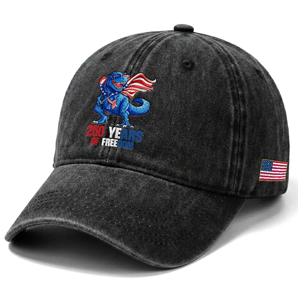 Funny Patriotic Dinosaur Washed Cotton Baseball Cap 250 Years Of Freedom