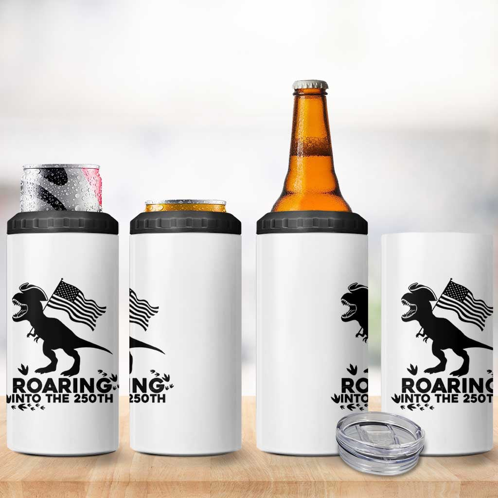 Funny Patriotic Dinosaur 4 in 1 Can Cooler Tumbler Roaring Into The 250th Anniversary