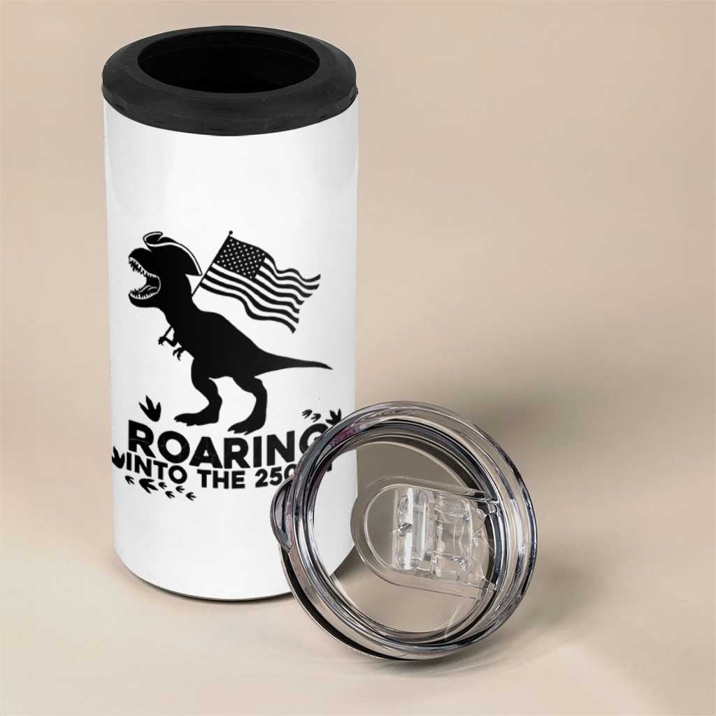 Funny Patriotic Dinosaur 4 in 1 Can Cooler Tumbler Roaring Into The 250th Anniversary