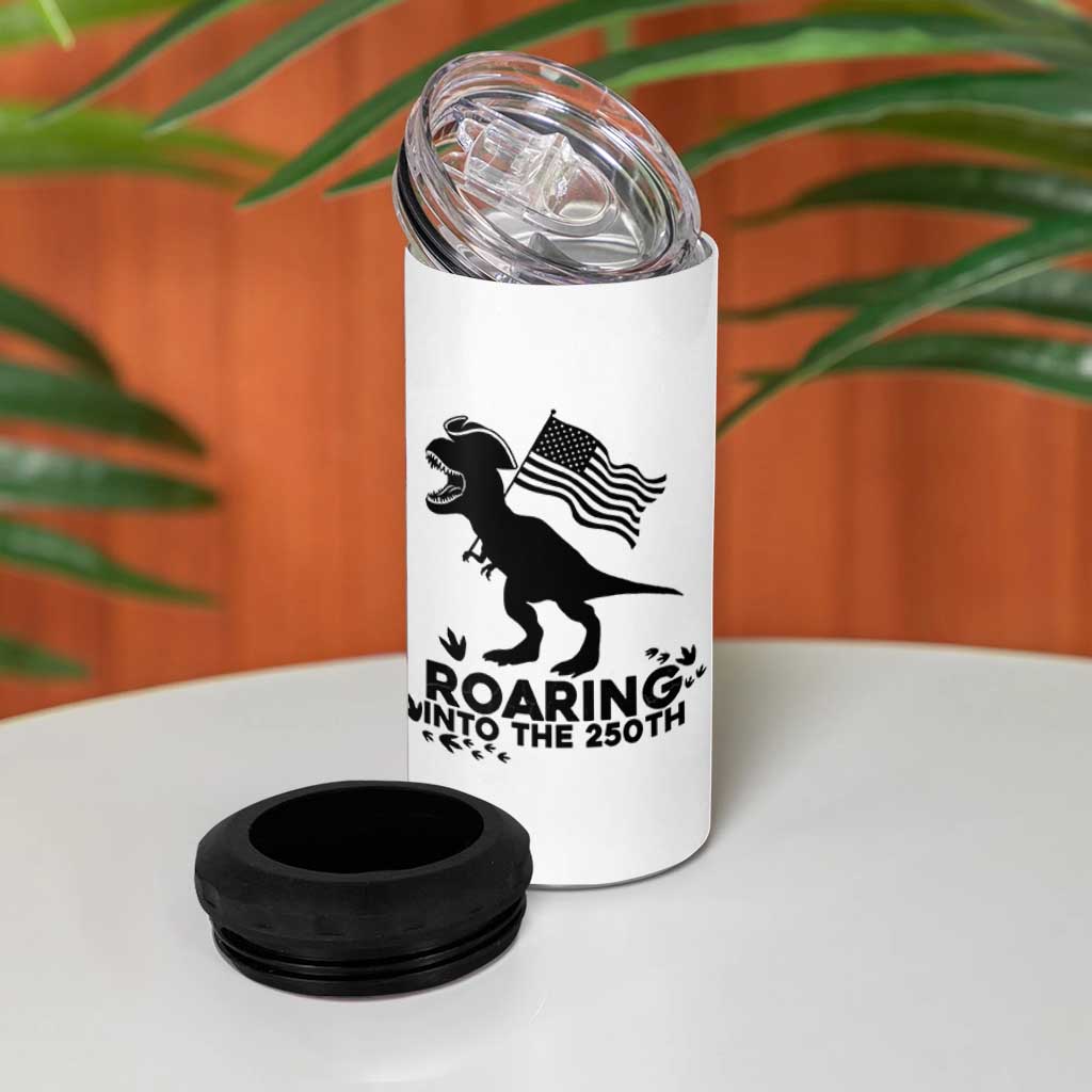 Funny Patriotic Dinosaur 4 in 1 Can Cooler Tumbler Roaring Into The 250th Anniversary