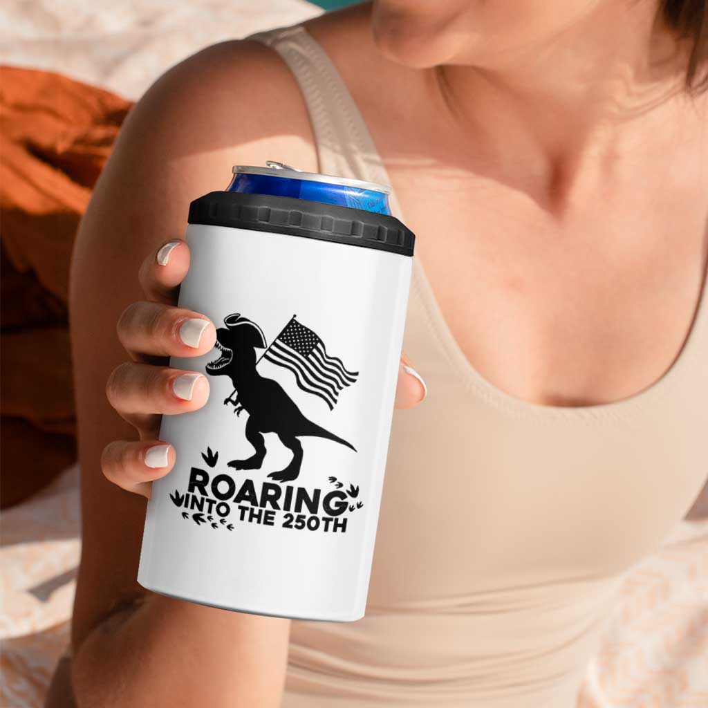 Funny Patriotic Dinosaur 4 in 1 Can Cooler Tumbler Roaring Into The 250th Anniversary
