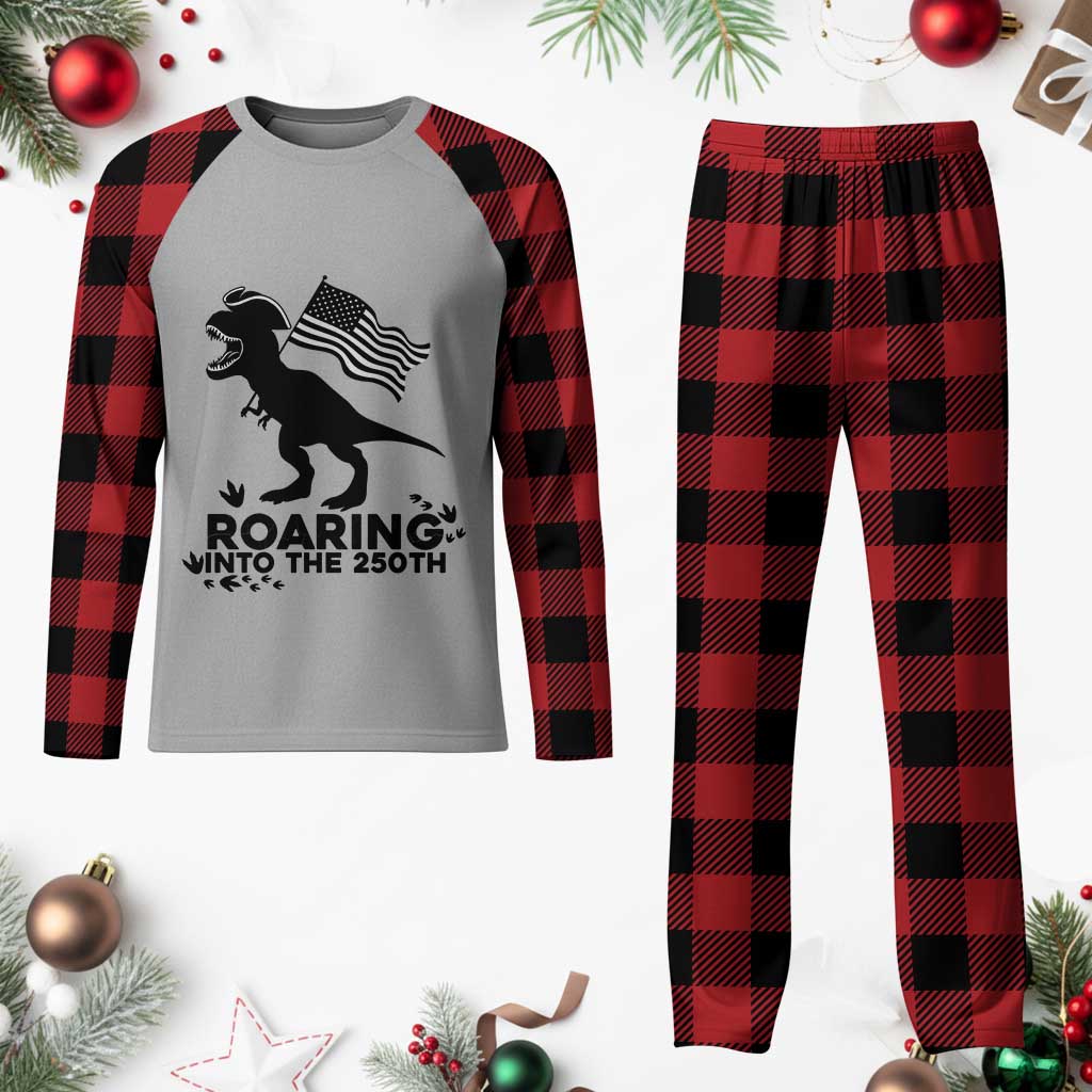 Funny Patriotic Dinosaur Plaid Pajama Set Roaring Into The 250th Anniversary